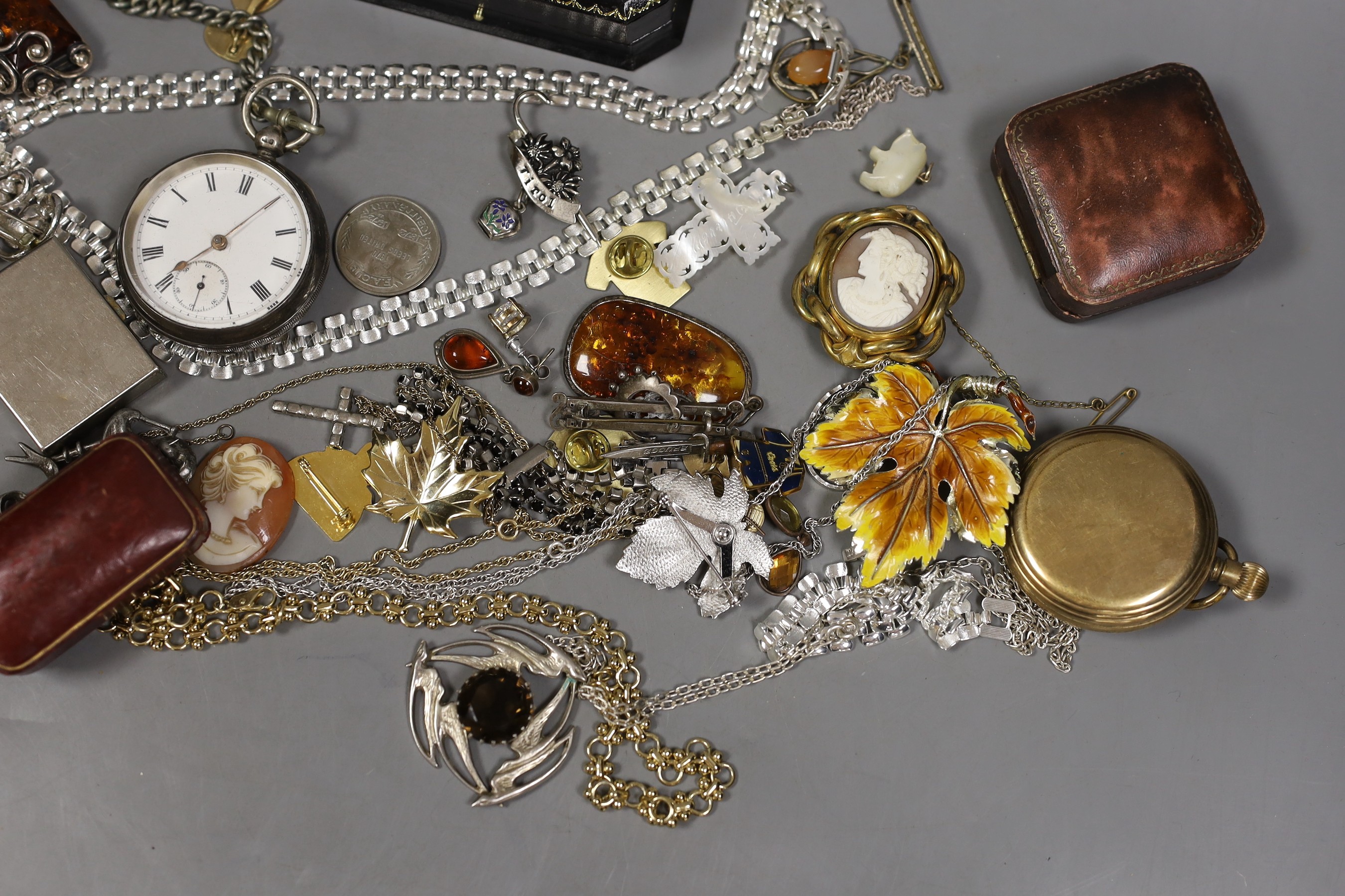 A quantity of assorted costume jewellery and other items including jewellery boxes, a silver open faced pocket watch and a gold plated pocket watch.